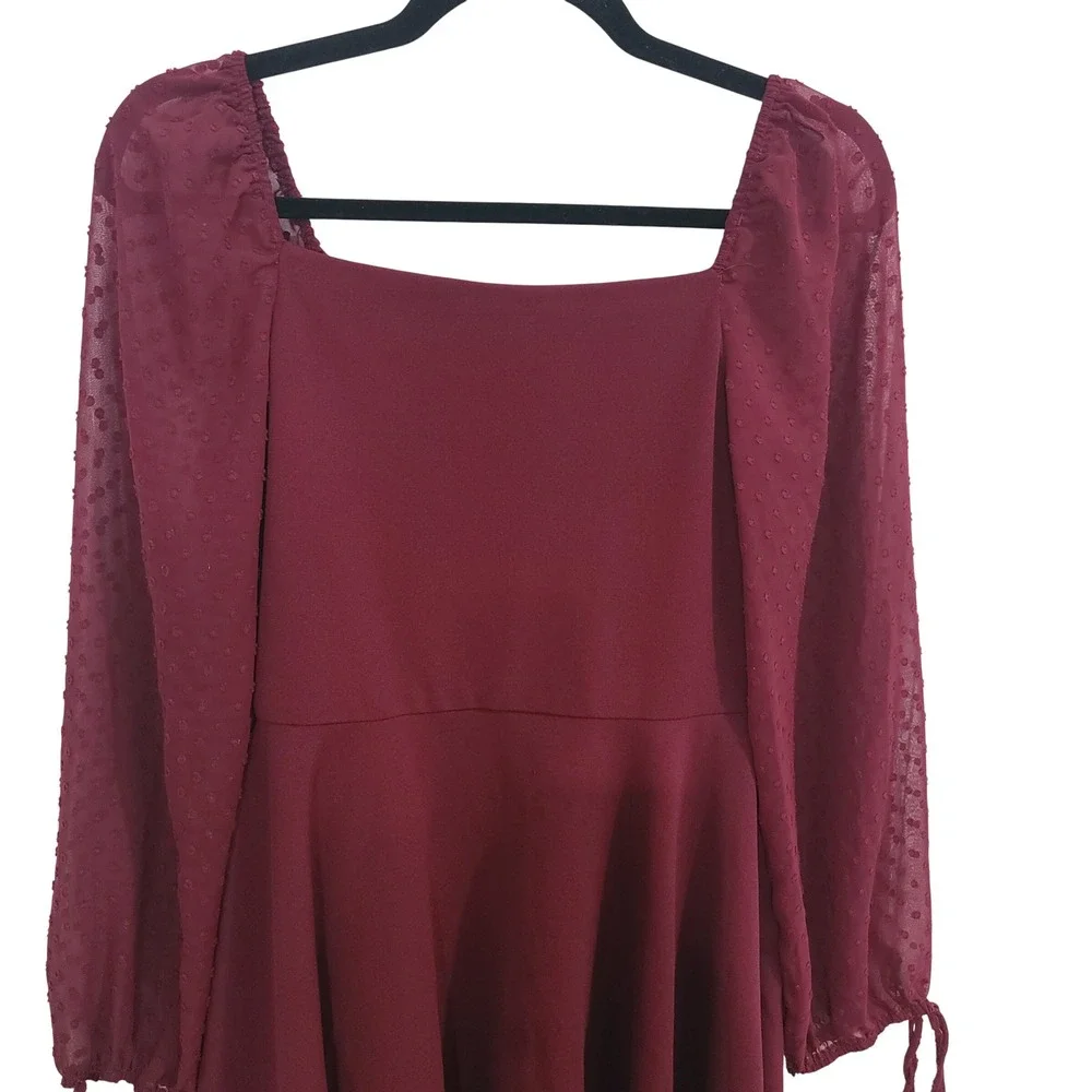 Girls Juniors Rare Editions Burgundy Swiss Dot Sheer Sleeve Skater Dress Size 16